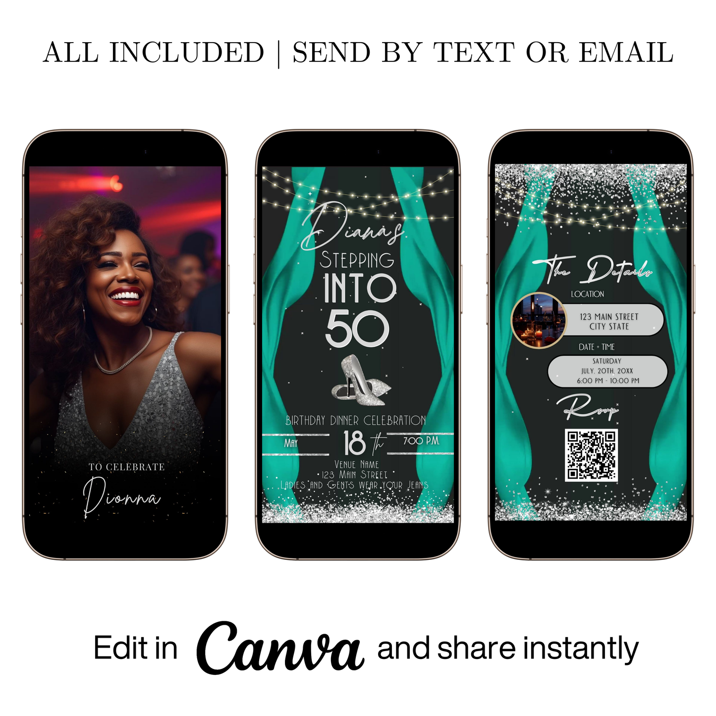 Editable teal red carpet 50th birthday video invitation displayed on a mobile phone, featuring an animated vertical digital invite with music, created in Canva. This premium video invitation template is designed for sharing by text, email, and social media and works with an interactive RSVP website for easy guest response tracking.
