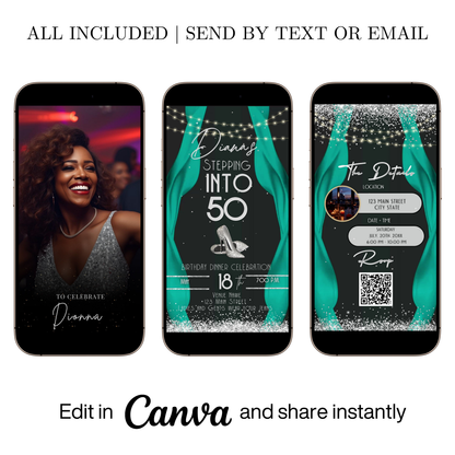 Editable teal red carpet 50th birthday video invitation displayed on a mobile phone, featuring an animated vertical digital invite with music, created in Canva. This premium video invitation template is designed for sharing by text, email, and social media and works with an interactive RSVP website for easy guest response tracking.