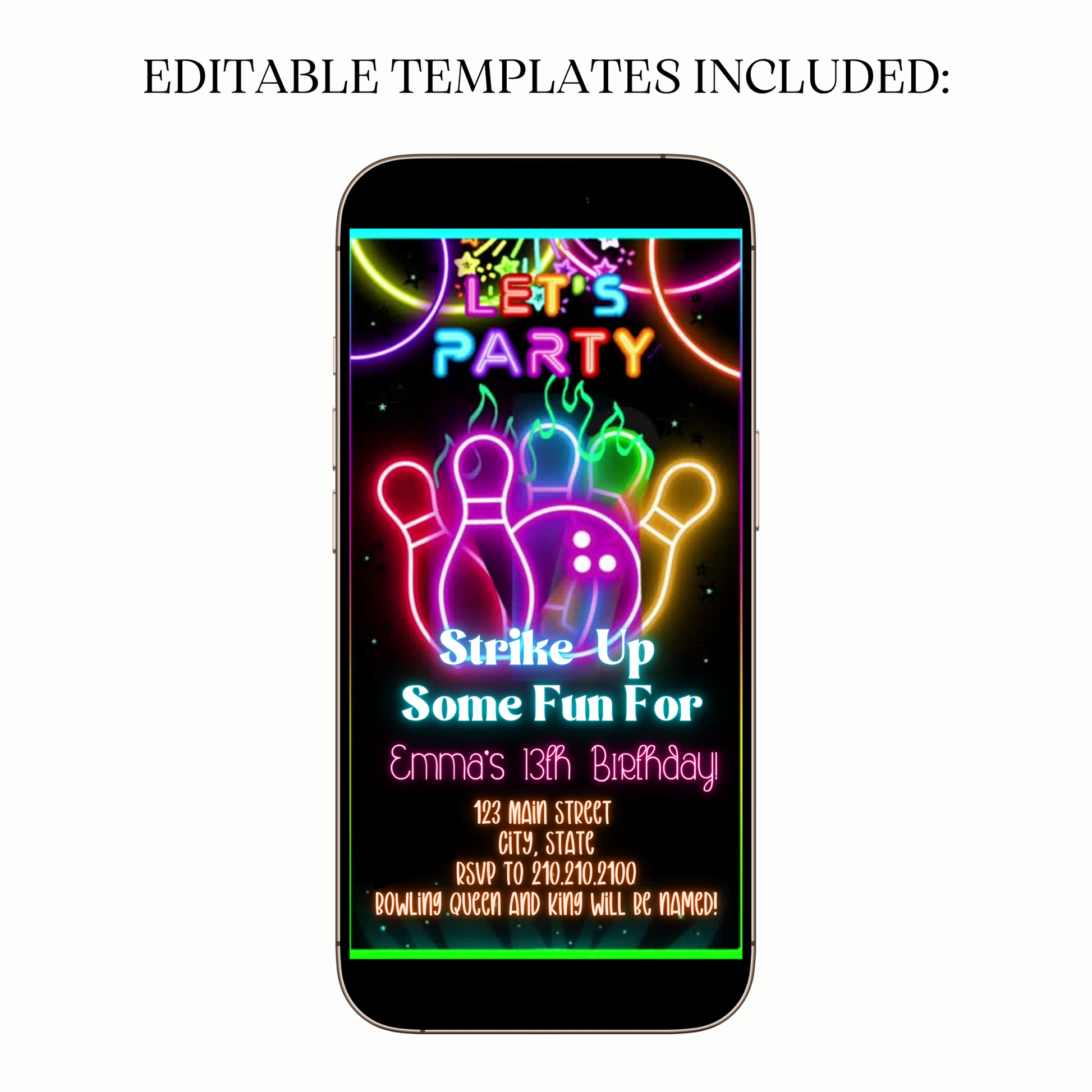 Kids or Teens Birthday Evite Template with blacklight, bowling, bright