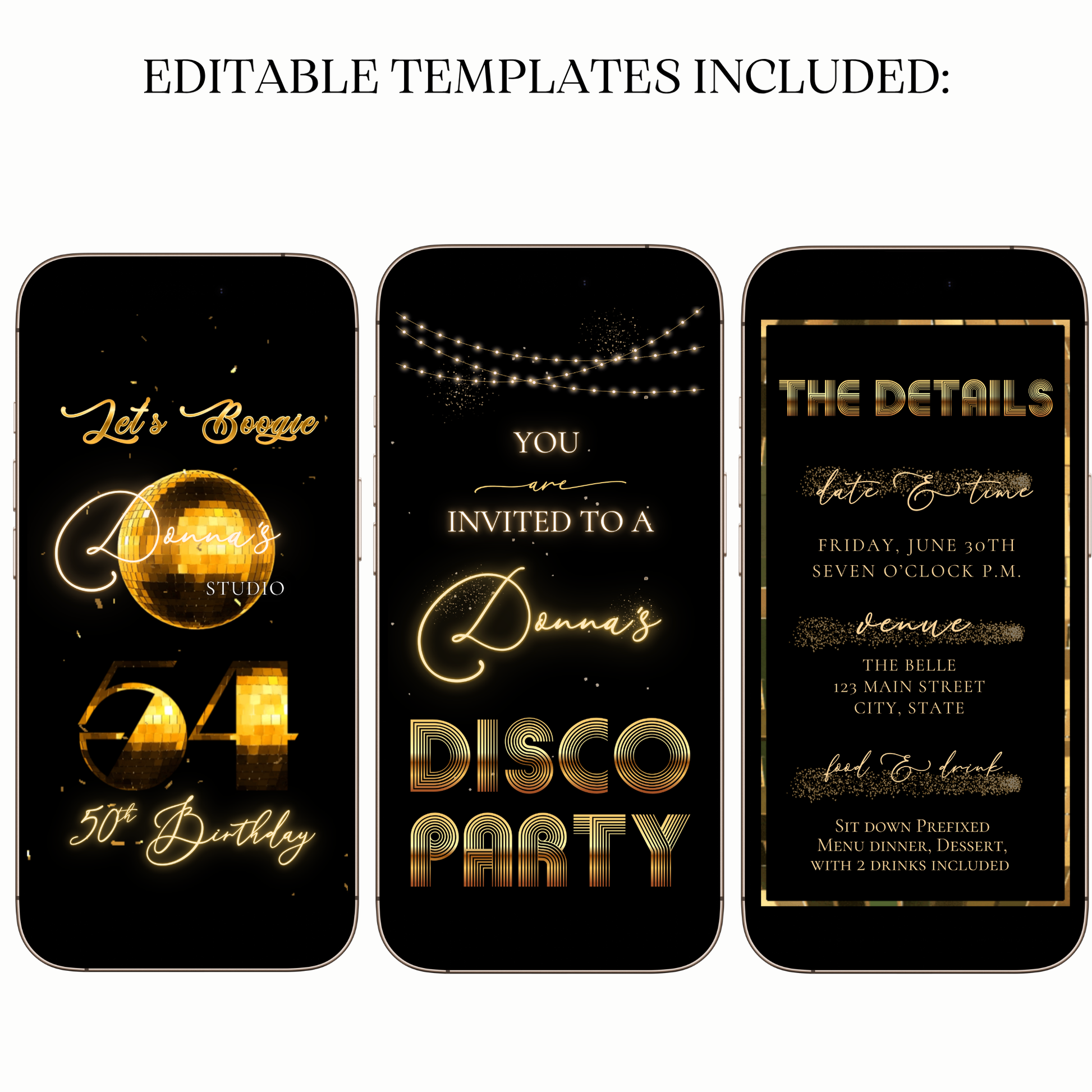 Animated Gold Disco Birthday Party Video Invitation – 70s Glam Dance Night Evite Evite