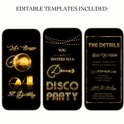 Animated Gold Disco Birthday Party Video Invitation – 70s Glam Dance Night Evite Evite
