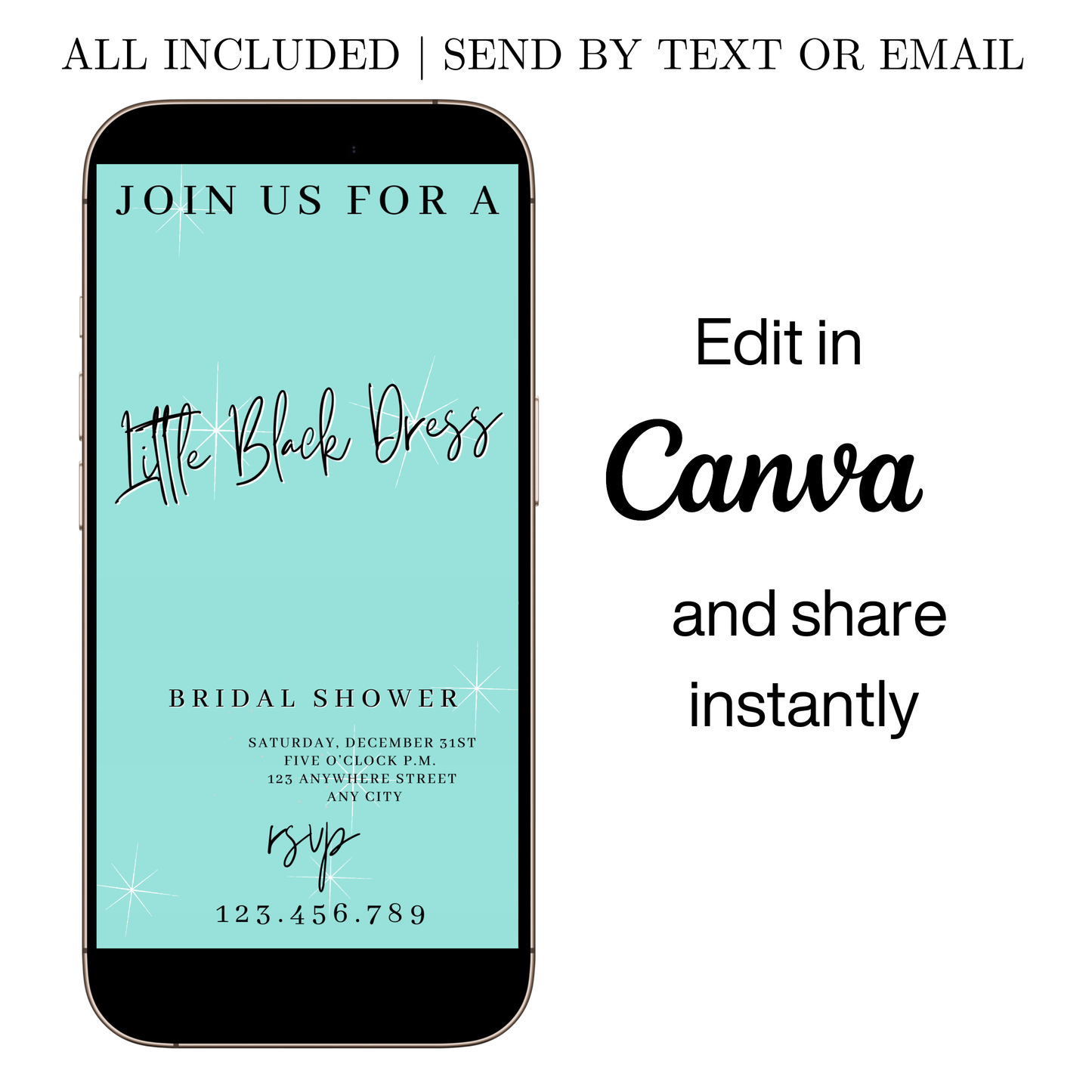 Editable tiffany blue little black dress bridal shower video invitation displayed on a mobile phone, featuring an animated vertical digital invite with music, created in Canva. This premium video invitation template is designed for sharing by text, email, and social media and works with an interactive RSVP website for easy guest response tracking.