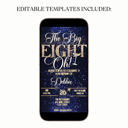 Elegant Gold & Blue 80th Birthday Video Invitation – The Big Eight-Oh Theme for Mobile Sharing