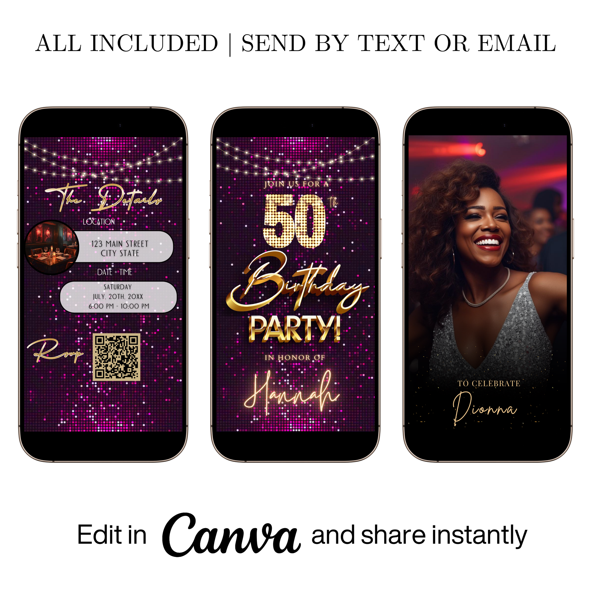 Editable purple pink glitter 50th birthday video invitation displayed on a mobile phone, featuring an animated vertical digital invite with music, created in Canva. This premium video invitation template is designed for sharing by text, email, and social media and works with an interactive RSVP website for easy guest response tracking.