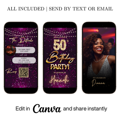 Editable purple pink glitter 50th birthday video invitation displayed on a mobile phone, featuring an animated vertical digital invite with music, created in Canva. This premium video invitation template is designed for sharing by text, email, and social media and works with an interactive RSVP website for easy guest response tracking.