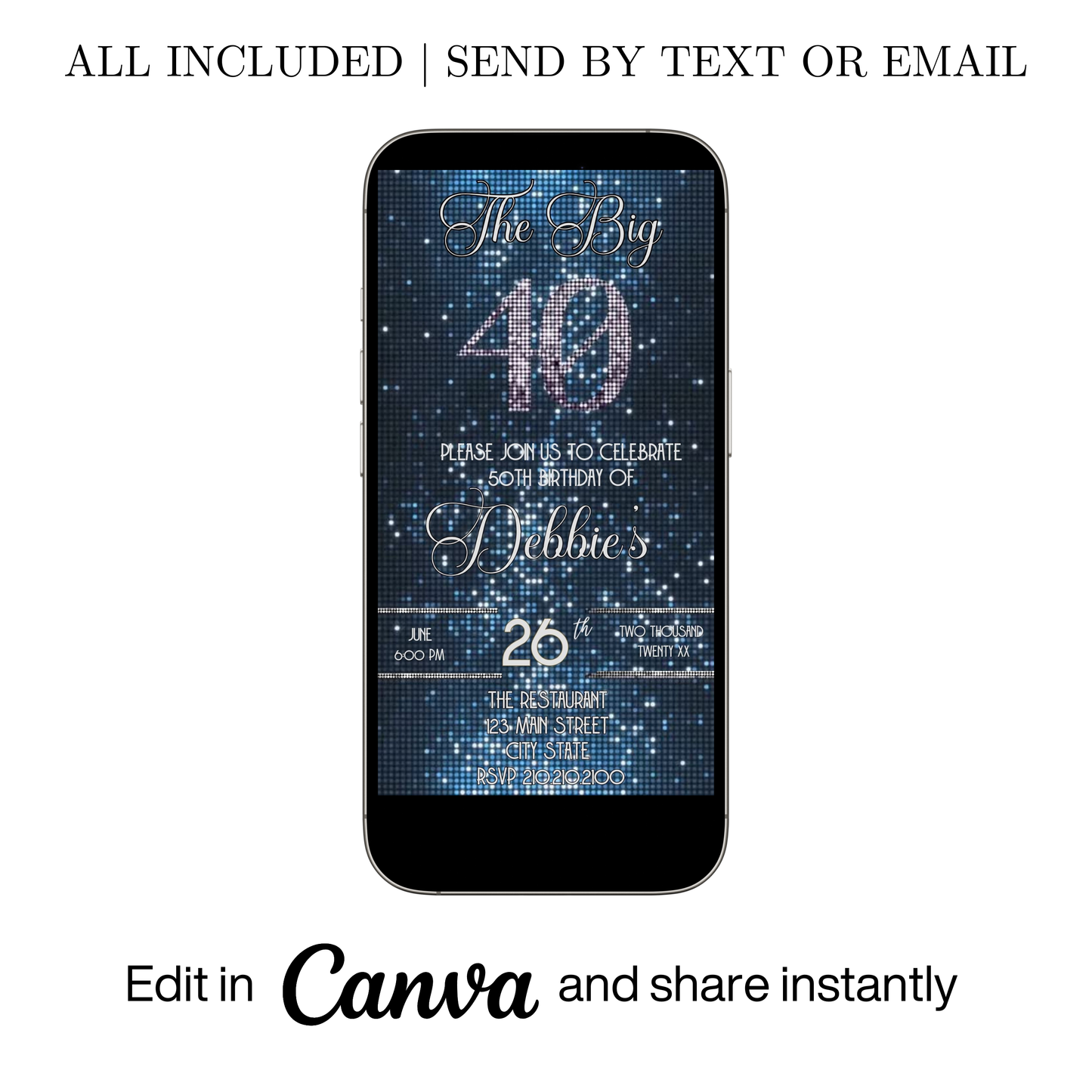 Editable blue sequin 40th birthday video invitation displayed on a mobile phone, featuring an animated vertical digital invite with music, created in Canva. This premium video invitation template is designed for sharing by text, email, and social media and works with an interactive RSVP website for easy guest response tracking.