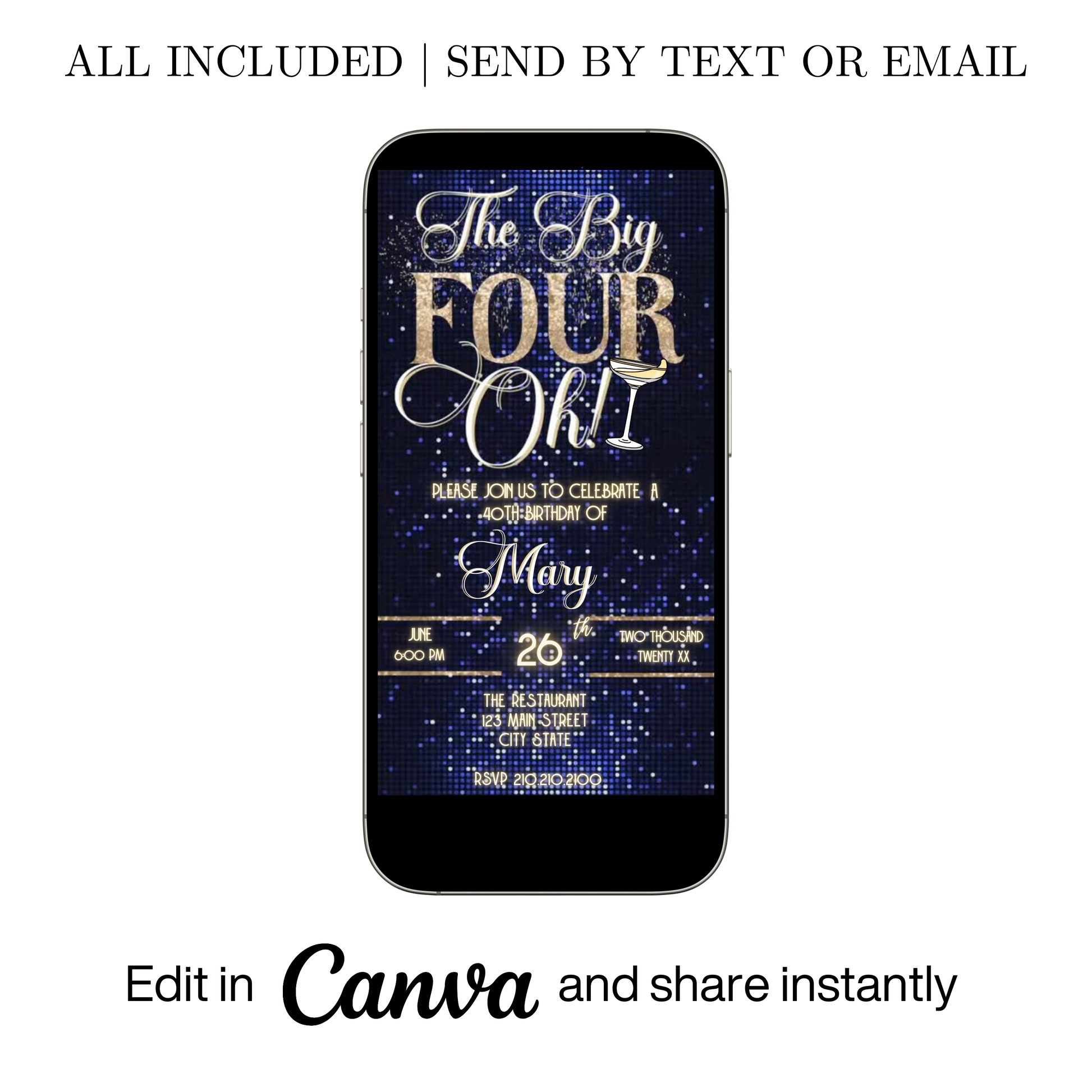 Editable blue gold 40th birthday video invitation displayed on a mobile phone, featuring an animated vertical digital invite with music, created in Canva. This premium video invitation template is designed for sharing by text, email, and social media and works with an interactive RSVP website for easy guest response tracking.