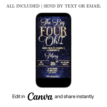 Editable blue gold 40th birthday video invitation displayed on a mobile phone, featuring an animated vertical digital invite with music, created in Canva. This premium video invitation template is designed for sharing by text, email, and social media and works with an interactive RSVP website for easy guest response tracking.