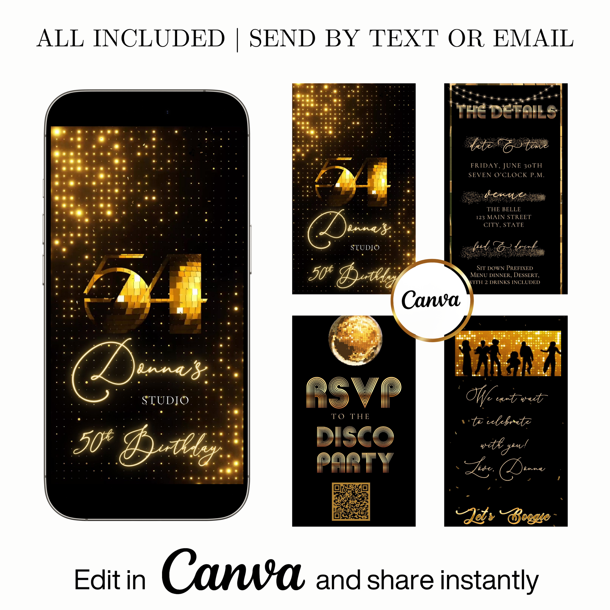 Editable gold disco studio 50th birthday video invitation displayed on a mobile phone, featuring an animated vertical digital invite with music, created in Canva. This premium video invitation template is designed for sharing by text, email, and social media and works with an interactive RSVP website for easy guest response tracking.