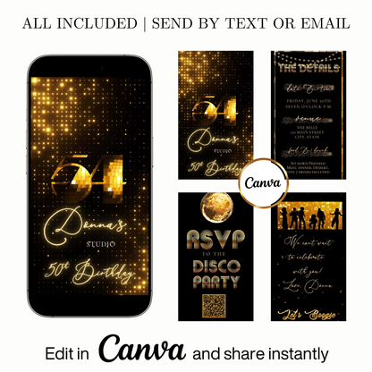 Editable gold disco studio 50th birthday video invitation displayed on a mobile phone, featuring an animated vertical digital invite with music, created in Canva. This premium video invitation template is designed for sharing by text, email, and social media and works with an interactive RSVP website for easy guest response tracking.
