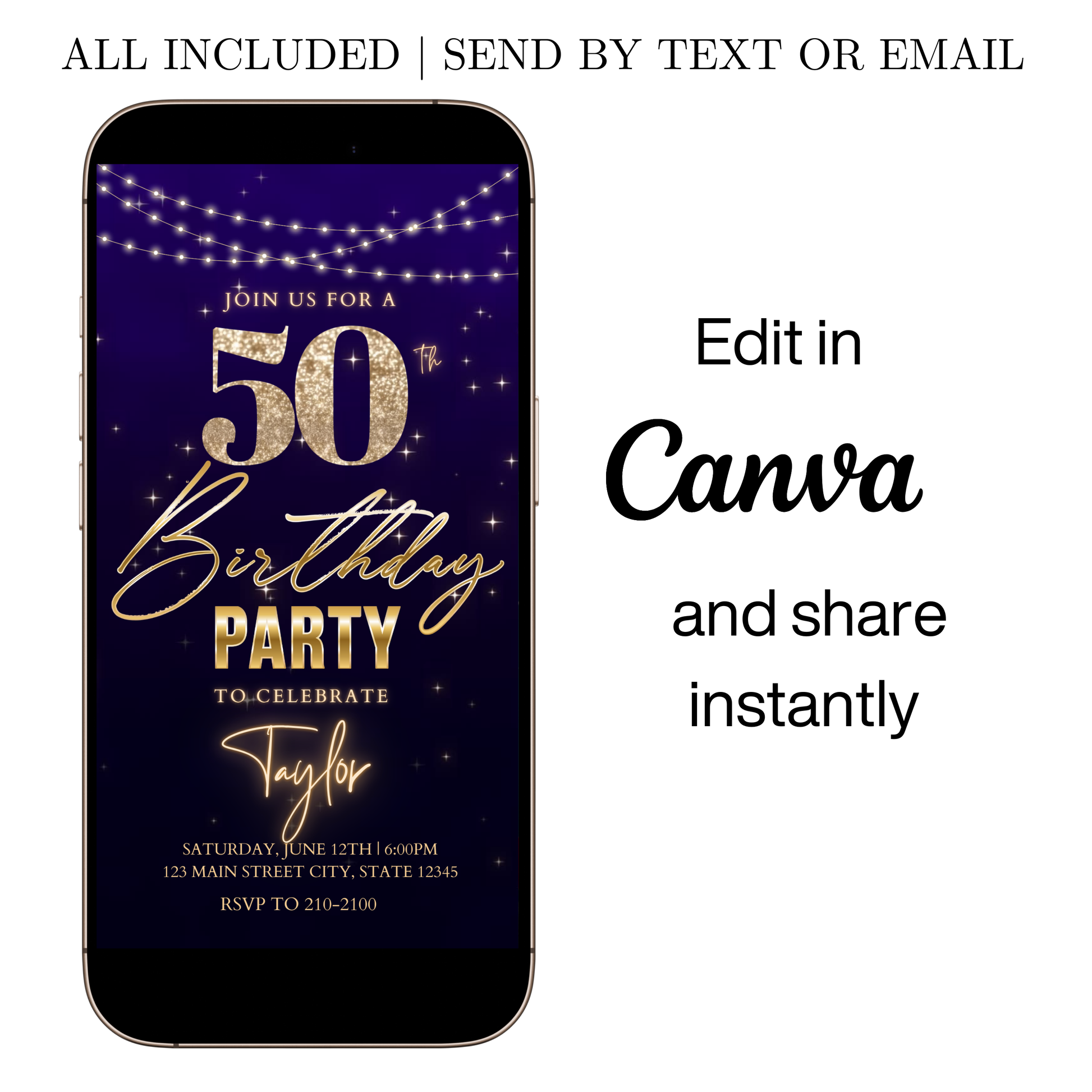 Editable purple gold glam 50th birthday video invitation displayed on a mobile phone, featuring an animated vertical digital invite with music, created in Canva. This premium video invitation template is designed for sharing by text, email, and social media and works with an interactive RSVP website for easy guest response tracking.