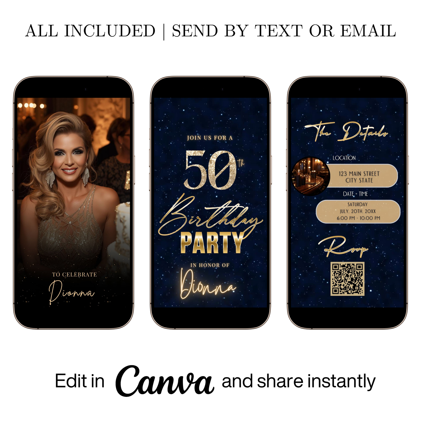 Editable blue shimmer 50th birthday video invitation displayed on a mobile phone, featuring an animated vertical digital invite with music, created in Canva. This premium video invitation template is designed for sharing by text, email, and social media and works with an interactive RSVP website for easy guest response tracking.