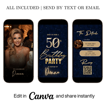 Editable blue shimmer 50th birthday video invitation displayed on a mobile phone, featuring an animated vertical digital invite with music, created in Canva. This premium video invitation template is designed for sharing by text, email, and social media and works with an interactive RSVP website for easy guest response tracking.