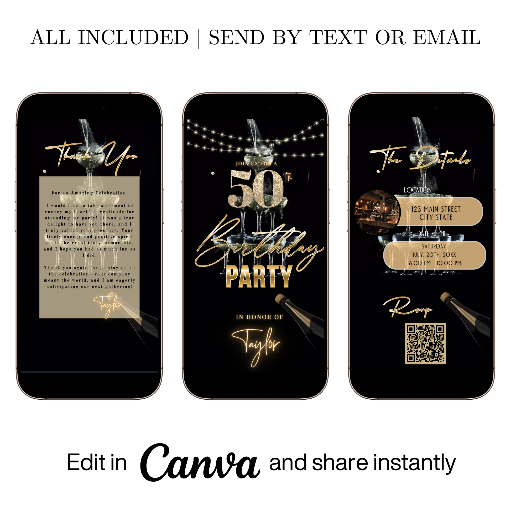 Editable black gold champagne tower 50th birthday video invitation displayed on a mobile phone, featuring an animated vertical digital invite with music, created in Canva. This premium video invitation template is designed for sharing by text, email, and social media and works with an interactive RSVP website for easy guest response tracking.