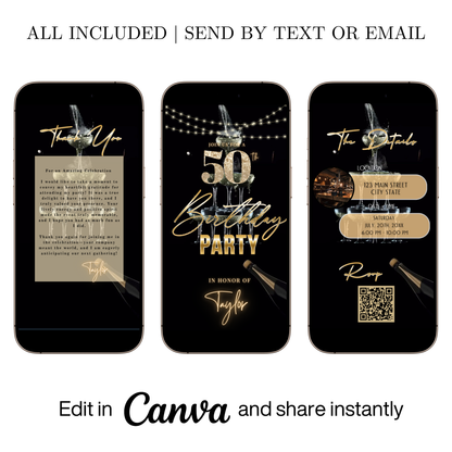 Editable black gold champagne tower 50th birthday video invitation displayed on a mobile phone, featuring an animated vertical digital invite with music, created in Canva. This premium video invitation template is designed for sharing by text, email, and social media and works with an interactive RSVP website for easy guest response tracking.