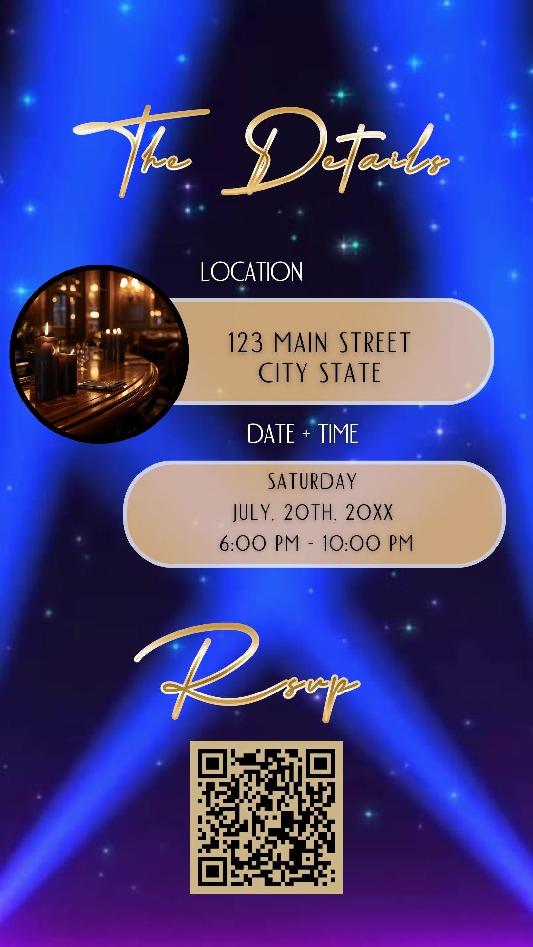 Editable blue purple spotlight 60th birthday birthday video invitation displayed on a mobile phone, featuring an animated vertical digital invite with music, created in Canva. This premium video invitation template is designed for sharing by text, email, and social media and works with an interactive RSVP website for easy guest response tracking.