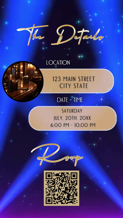 Editable blue purple spotlight 60th birthday birthday video invitation displayed on a mobile phone, featuring an animated vertical digital invite with music, created in Canva. This premium video invitation template is designed for sharing by text, email, and social media and works with an interactive RSVP website for easy guest response tracking.