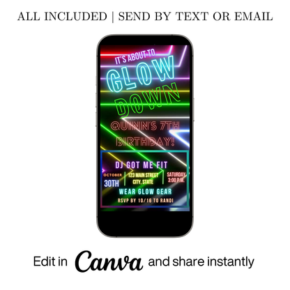 Editable neon glow birthday party video invitation displayed on a mobile phone, featuring an animated vertical digital invite with music, created in Canva. This premium video invitation template is designed for sharing by text, email, and social media and works with an interactive RSVP website for easy guest response tracking.