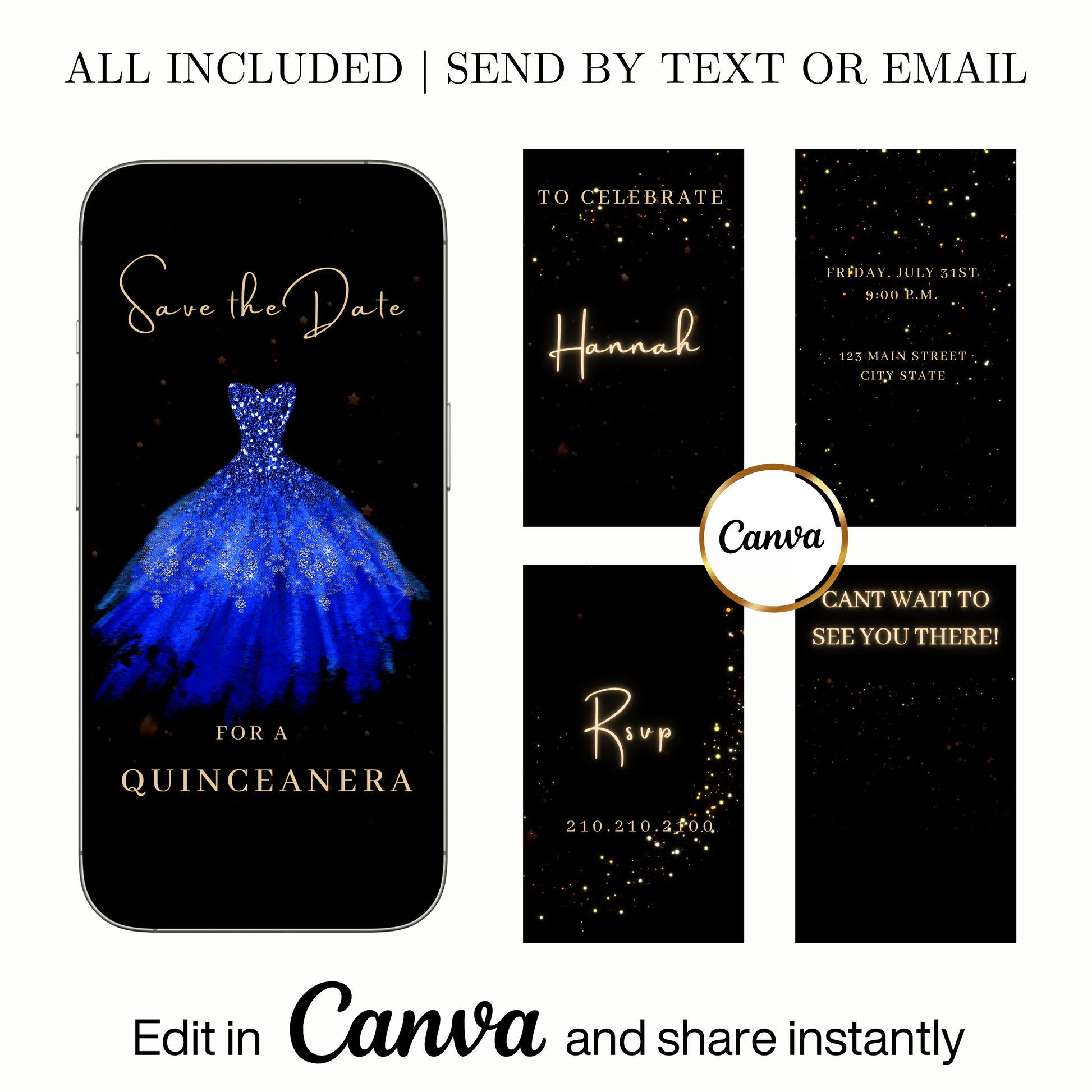 Editable royal blue glitter dress Quinceañera video invitation displayed on a mobile phone, featuring an animated vertical digital invite with music, created in Canva. This premium video invitation template is designed for sharing by text, email, and social media and works with an interactive RSVP website for easy guest response tracking.