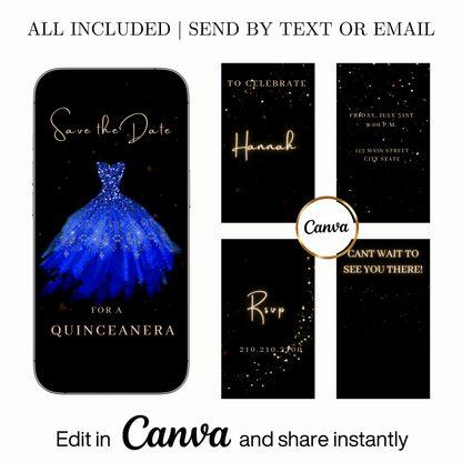 Editable royal blue glitter dress Quinceañera video invitation displayed on a mobile phone, featuring an animated vertical digital invite with music, created in Canva. This premium video invitation template is designed for sharing by text, email, and social media and works with an interactive RSVP website for easy guest response tracking.