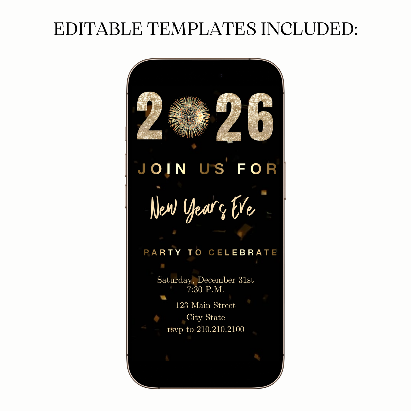 Editable 2026 NYE fireworks video party invitation