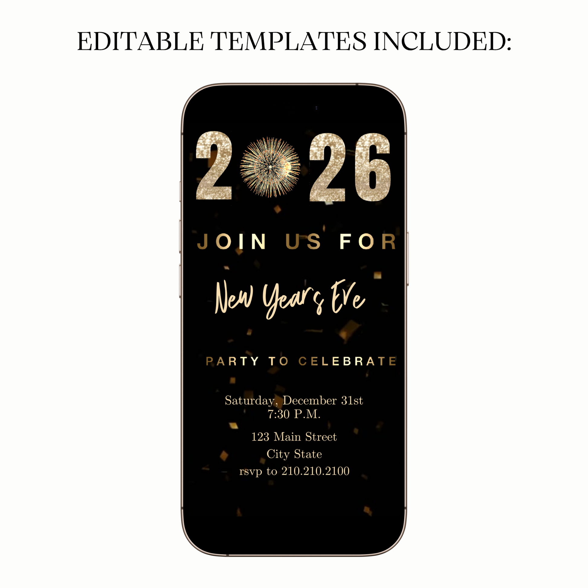Editable 2026 NYE fireworks video party invitation
