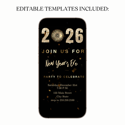 Editable 2026 NYE fireworks video party invitation