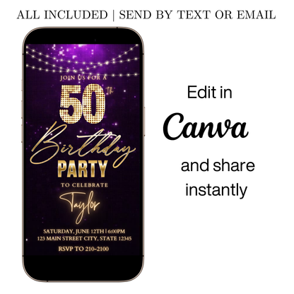 Editable classic gold bokeh 50th birthday video invitation displayed on a mobile phone, featuring an animated vertical digital invite with music, created in Canva. This premium video invitation template is designed for sharing by text, email, and social media and works with an interactive RSVP website for easy guest response tracking.