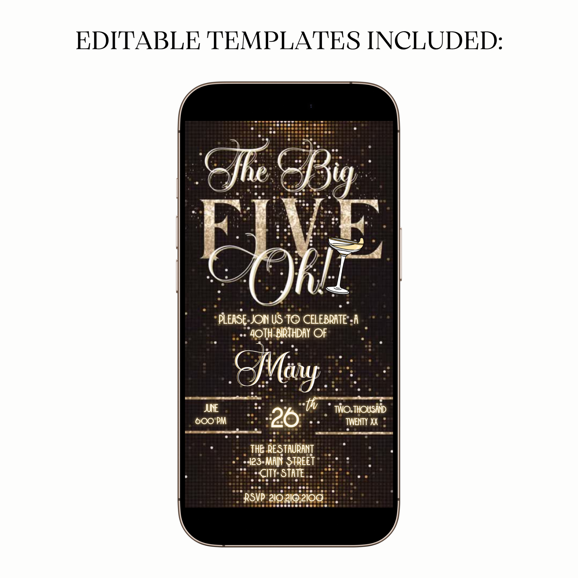 The Big Five-Oh 50th Birthday Glam Video Invitation — Glitter Gold & Black for Mobile Sharing
