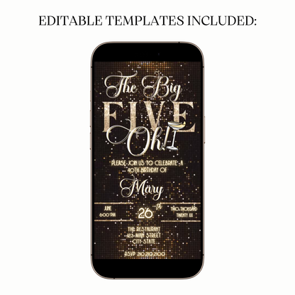 The Big Five-Oh 50th Birthday Glam Video Invitation — Glitter Gold & Black for Mobile Sharing