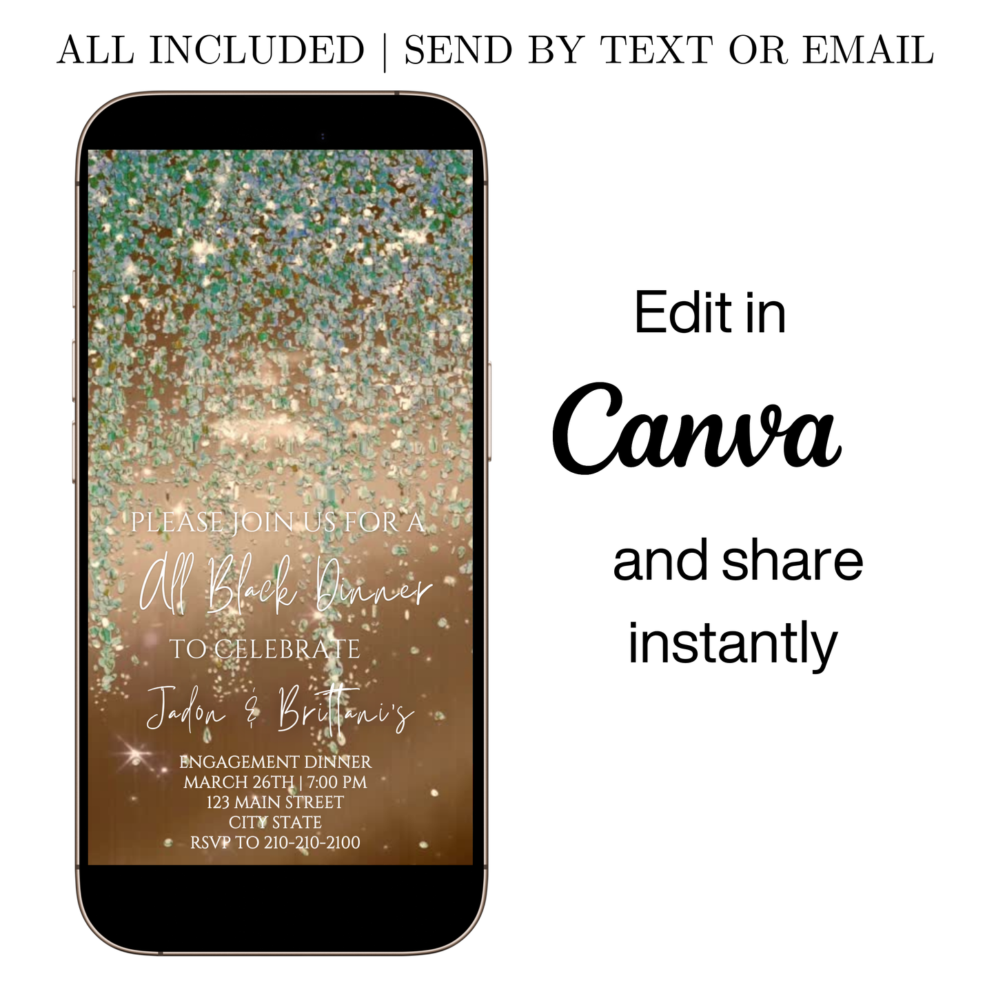 Editable sage green and gold watercolor glitter engagement dinner video invitation displayed on a mobile phone, featuring an animated vertical digital invite with music, created in Canva. This premium video invitation template is designed for sharing by text, email, and social media and works with an interactive RSVP website for easy guest response tracking.