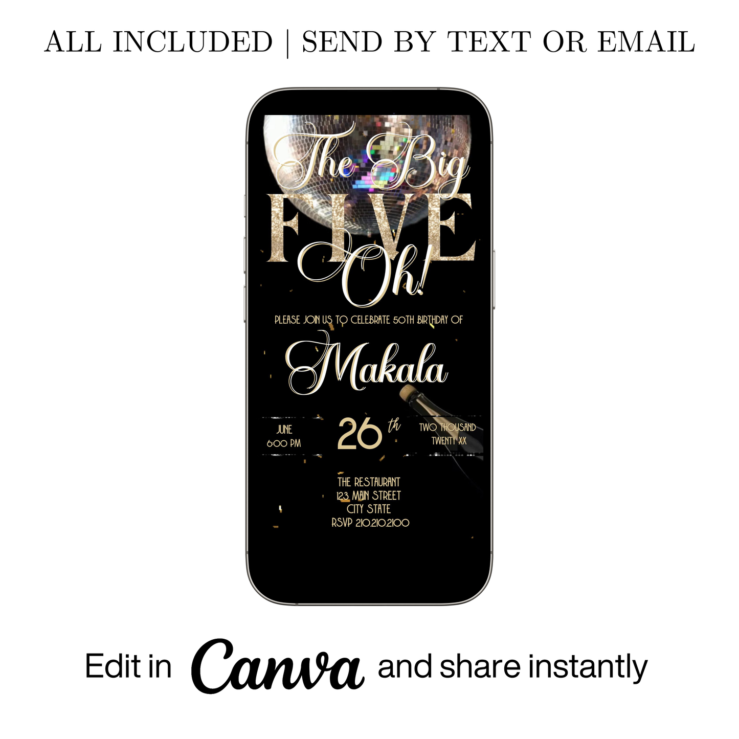 Editable black gold champagne 50th birthday video invitation displayed on a mobile phone, featuring an animated vertical digital invite with music, created in Canva. This premium video invitation template is designed for sharing by text, email, and social media and works with an interactive RSVP website for easy guest response tracking.