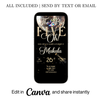Editable black gold champagne 50th birthday video invitation displayed on a mobile phone, featuring an animated vertical digital invite with music, created in Canva. This premium video invitation template is designed for sharing by text, email, and social media and works with an interactive RSVP website for easy guest response tracking.
