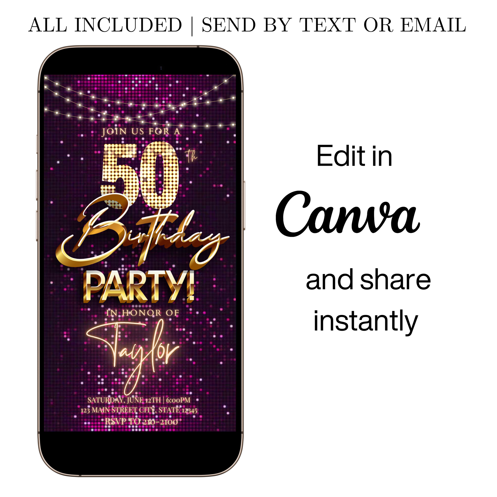 Editable pink gold sequin 50th birthday video invitation displayed on a mobile phone, featuring an animated vertical digital invite with music, created in Canva. This premium video invitation template is designed for sharing by text, email, and social media and works with an interactive RSVP website for easy guest response tracking.