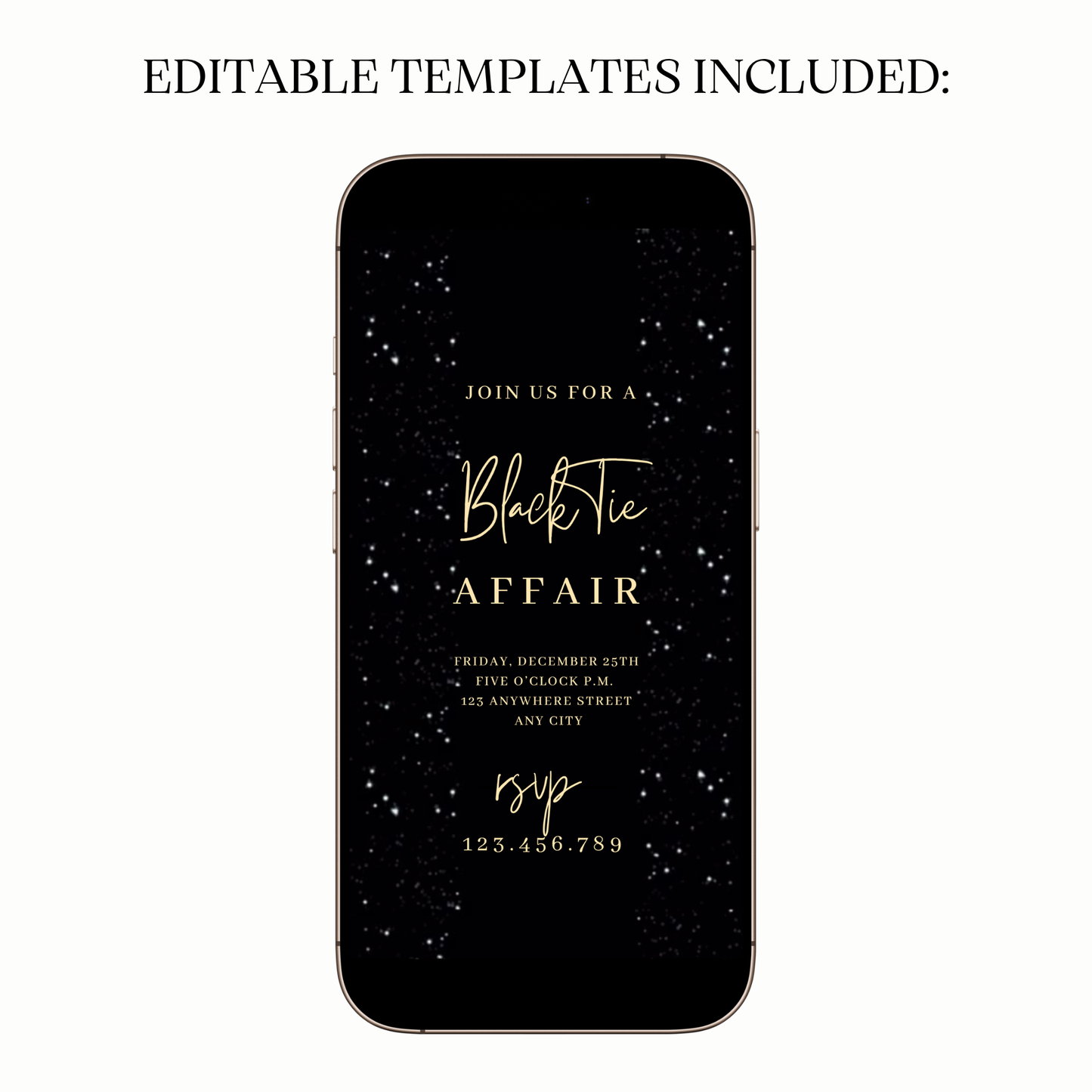 Black Glitter Glam Video Invitation — Elegant Gold Text Digital Template for Mobile Sharing