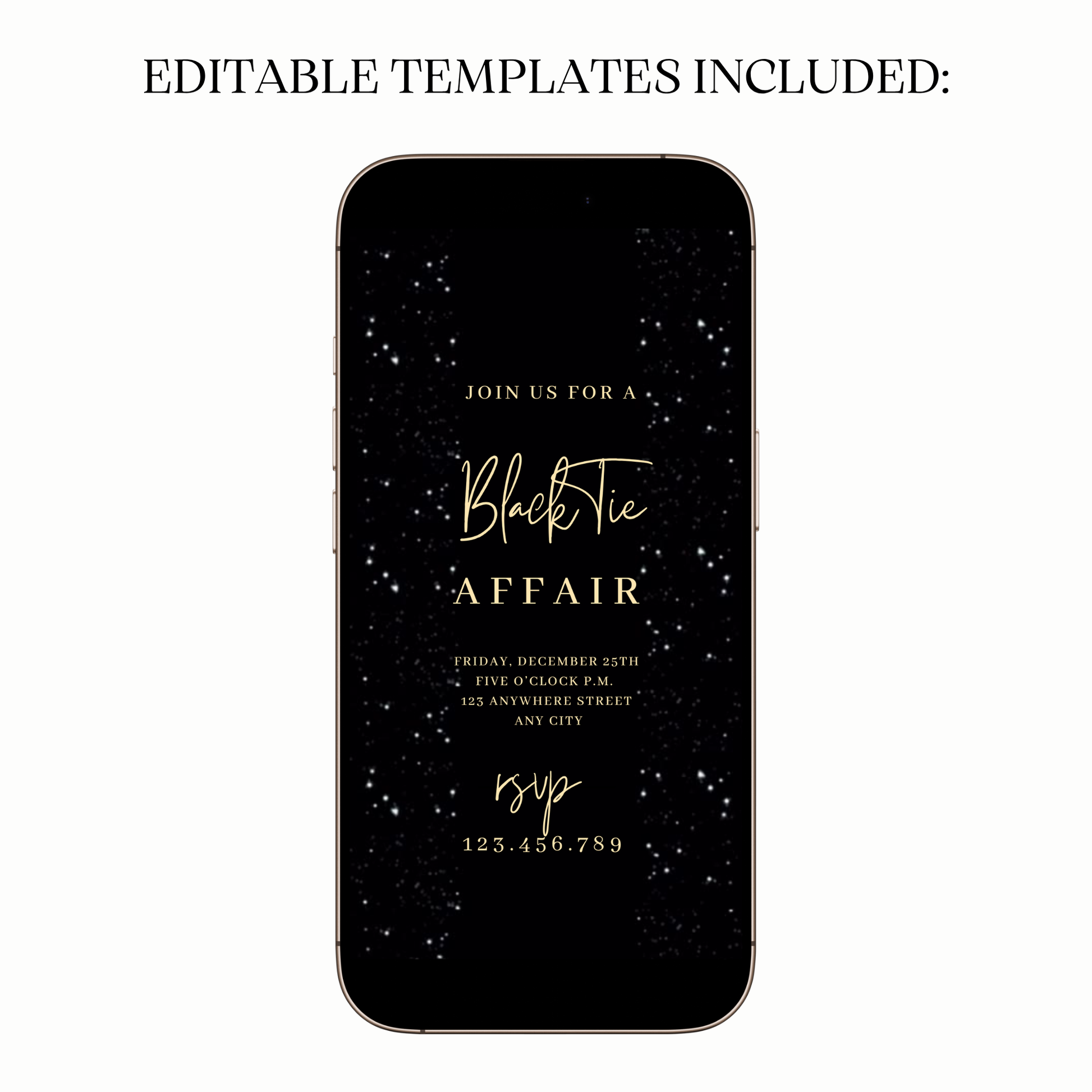 Black Glitter Glam Video Invitation — Elegant Gold Text Digital Template for Mobile Sharing