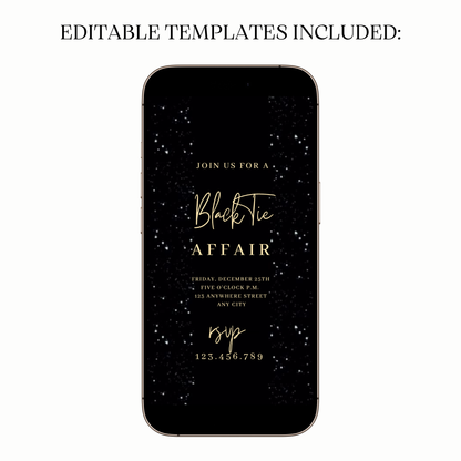 Black Glitter Glam Video Invitation — Elegant Gold Text Digital Template for Mobile Sharing
