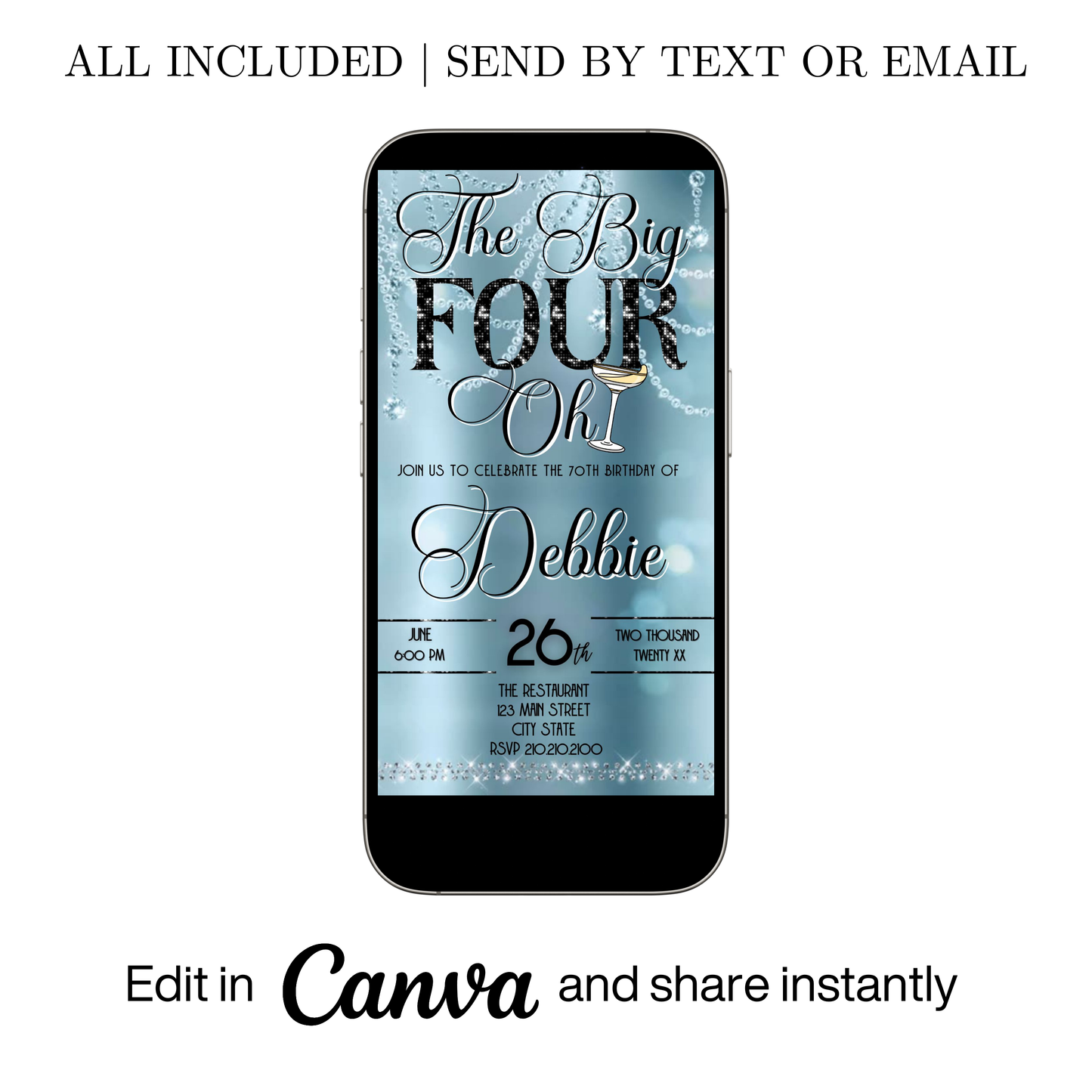 Editable baby blue champagne 40th birthday video invitation displayed on a mobile phone, featuring an animated vertical digital invite with music, created in Canva. This premium video invitation template is designed for sharing by text, email, and social media and works with an interactive RSVP website for easy guest response tracking.