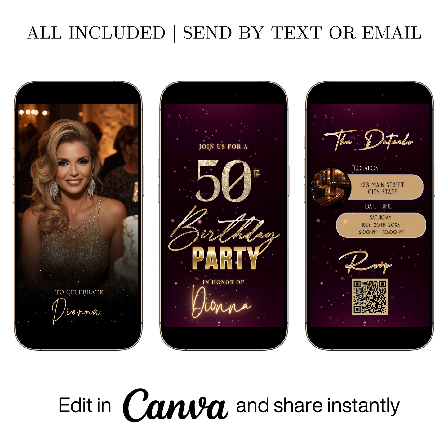 Editable burgundy shimmer 50th birthday video invitation displayed on a mobile phone, featuring an animated vertical digital invite with music, created in Canva. This premium video invitation template is designed for sharing by text, email, and social media and works with an interactive RSVP website for easy guest response tracking.