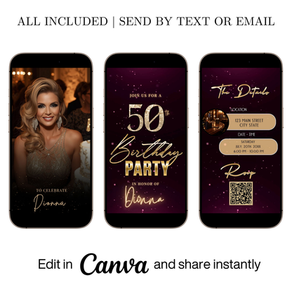 Editable burgundy shimmer 50th birthday video invitation displayed on a mobile phone, featuring an animated vertical digital invite with music, created in Canva. This premium video invitation template is designed for sharing by text, email, and social media and works with an interactive RSVP website for easy guest response tracking.