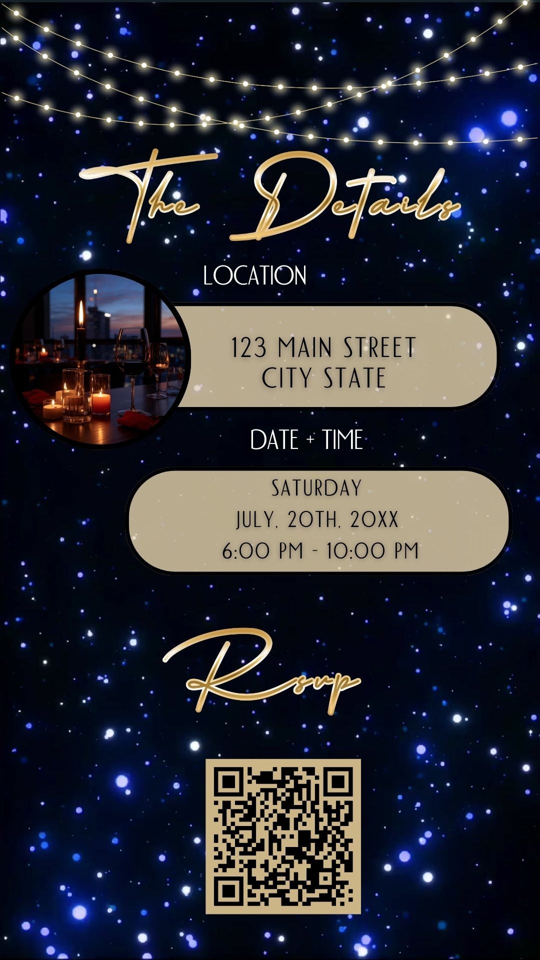 Editable blue starry lights 50th birthday video invitation displayed on a mobile phone, featuring an animated vertical digital invite with music, created in Canva. This premium video invitation template is designed for sharing by text, email, and social media and works with an interactive RSVP website for easy guest response tracking.