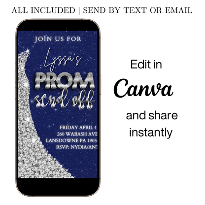 Editable navy blue silver prom send off video invitation displayed on a mobile phone, featuring an animated vertical digital invite with music, created in Canva. This premium video invitation template is designed for sharing by text, email, and social media and works with an interactive RSVP website for easy guest response tracking.
