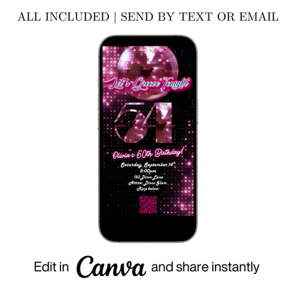 Editable pink disco studio 54th birthday video invitation displayed on a mobile phone, featuring an animated vertical digital invite with music, created in Canva. This premium video invitation template is designed for sharing by text, email, and social media and works with an interactive RSVP website for easy guest response tracking.