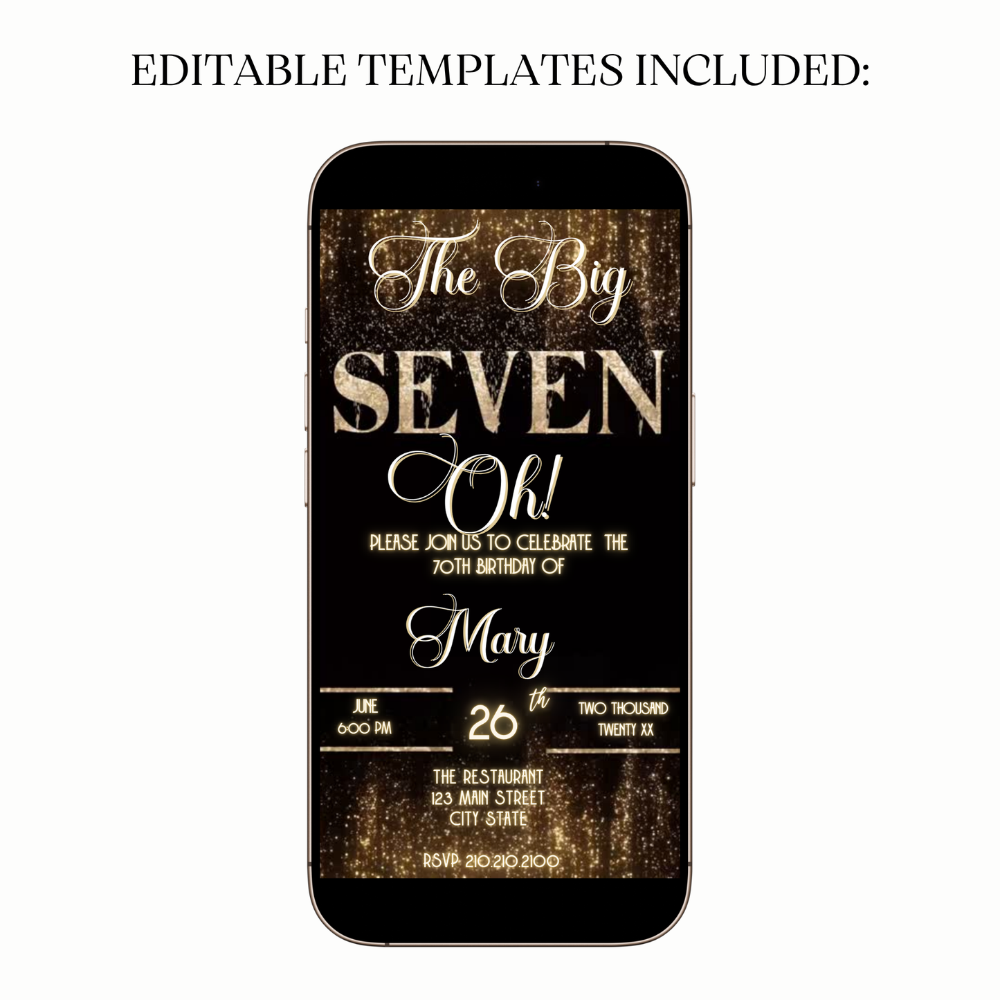 Gold Curtain The Big Seven-Oh 70th Birthday Video Invitation — Elegant Theme for Mobile Sharing