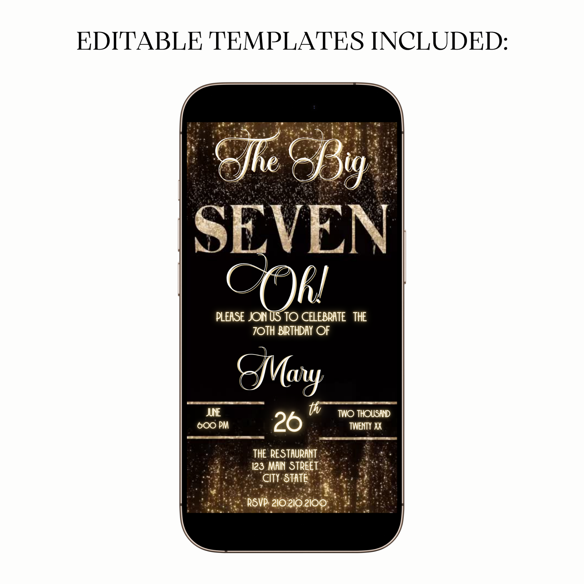 Gold Curtain The Big Seven-Oh 70th Birthday Video Invitation — Elegant Theme for Mobile Sharing