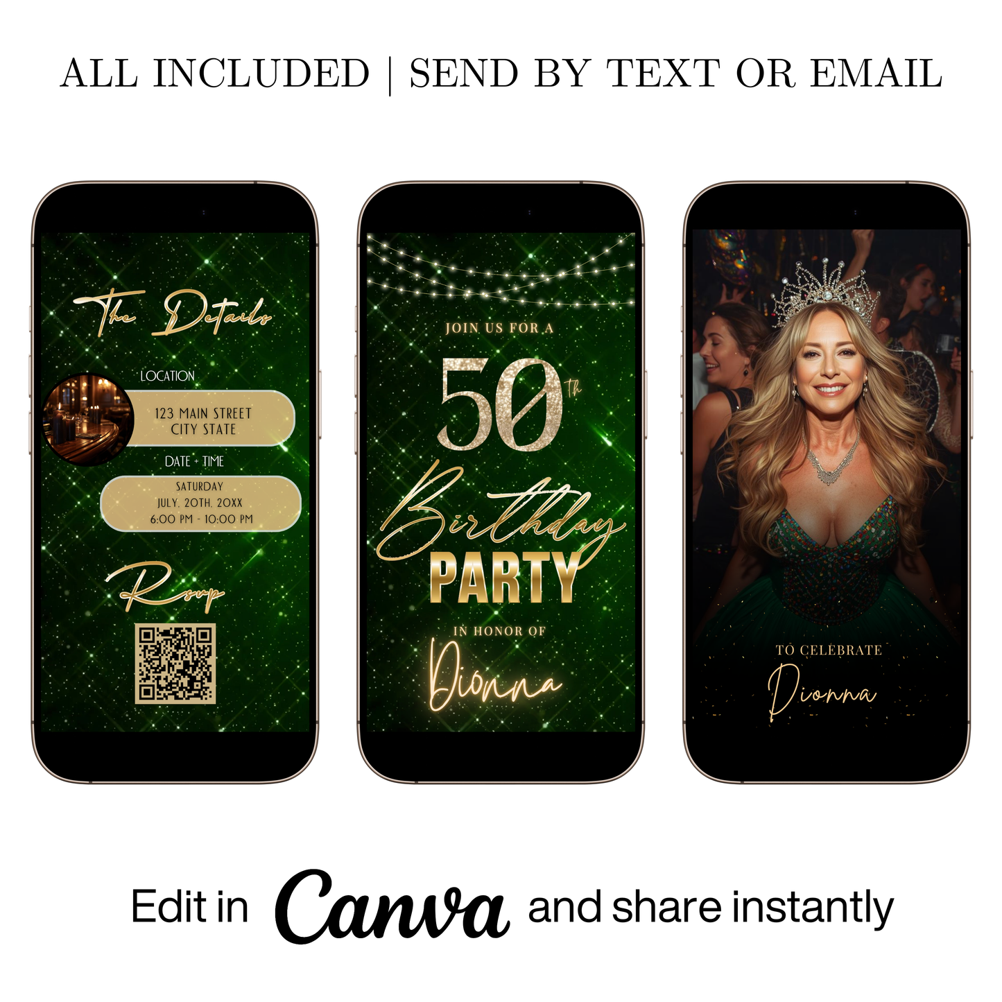 Editable emerald green sparkly 50th birthday video invitation displayed on a mobile phone, featuring an animated vertical digital invite with music, created in Canva. This premium video invitation template is designed for sharing by text, email, and social media and works with an interactive RSVP website for easy guest response tracking.