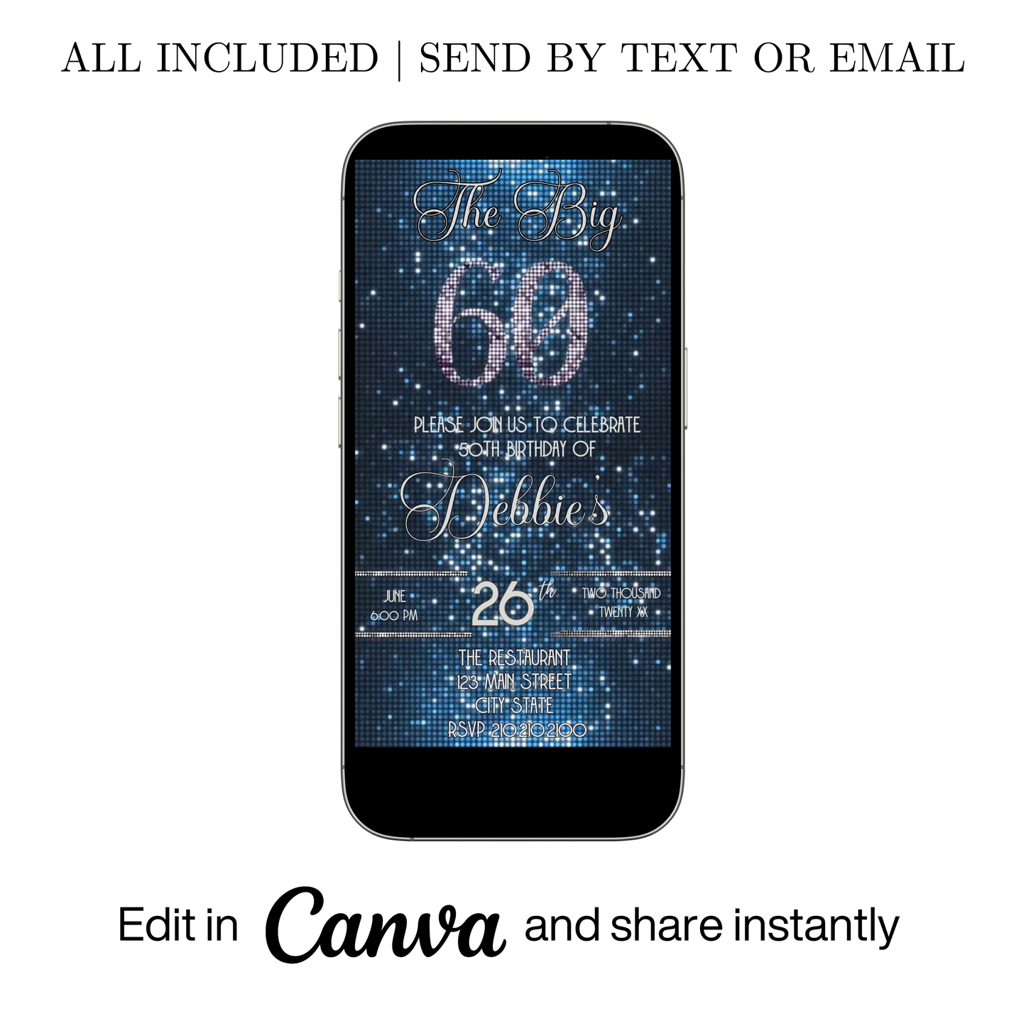 Editable blue sequin 60th birthday video invitation displayed on a mobile phone, featuring an animated vertical digital invite with music, created in Canva. This premium video invitation template is designed for sharing by text, email, and social media and works with an interactive RSVP website for easy guest response tracking.