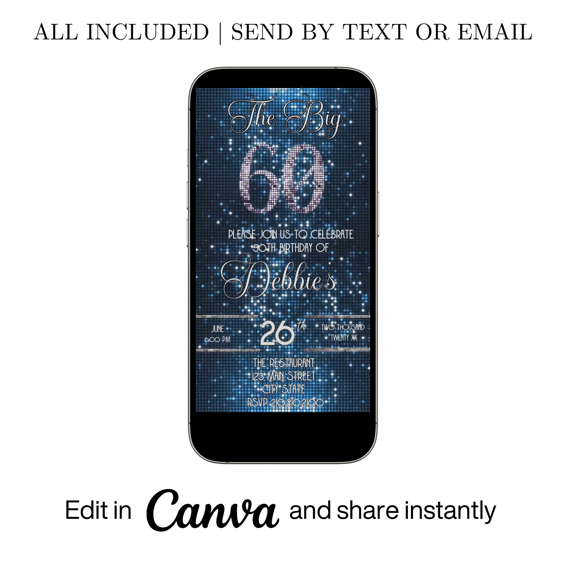Editable blue sequin 60th birthday video invitation displayed on a mobile phone, featuring an animated vertical digital invite with music, created in Canva. This premium video invitation template is designed for sharing by text, email, and social media and works with an interactive RSVP website for easy guest response tracking.