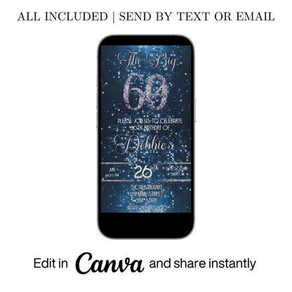 Editable blue sequin 60th birthday video invitation displayed on a mobile phone, featuring an animated vertical digital invite with music, created in Canva. This premium video invitation template is designed for sharing by text, email, and social media and works with an interactive RSVP website for easy guest response tracking.