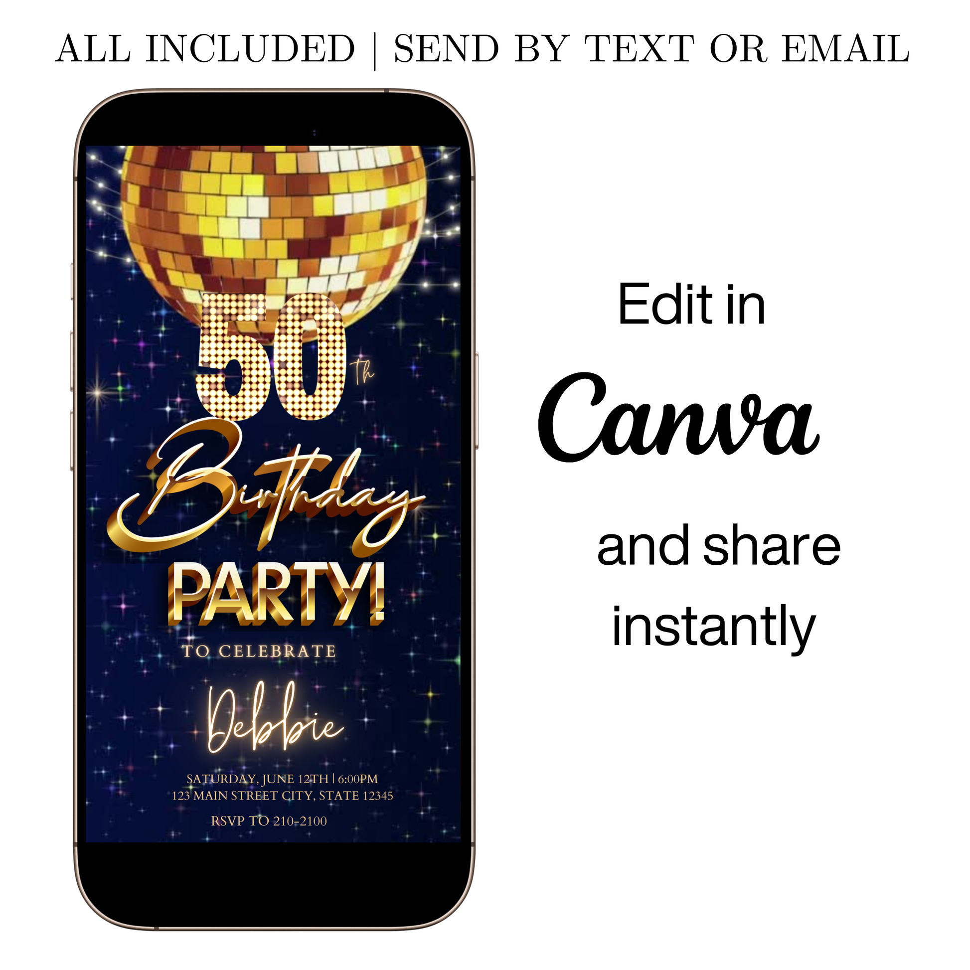 Editable gold bokeh luxury 50th birthday video invitation displayed on a mobile phone, featuring an animated vertical digital invite with music, created in Canva. This premium video invitation template is designed for sharing by text, email, and social media and works with an interactive RSVP website for easy guest response tracking.